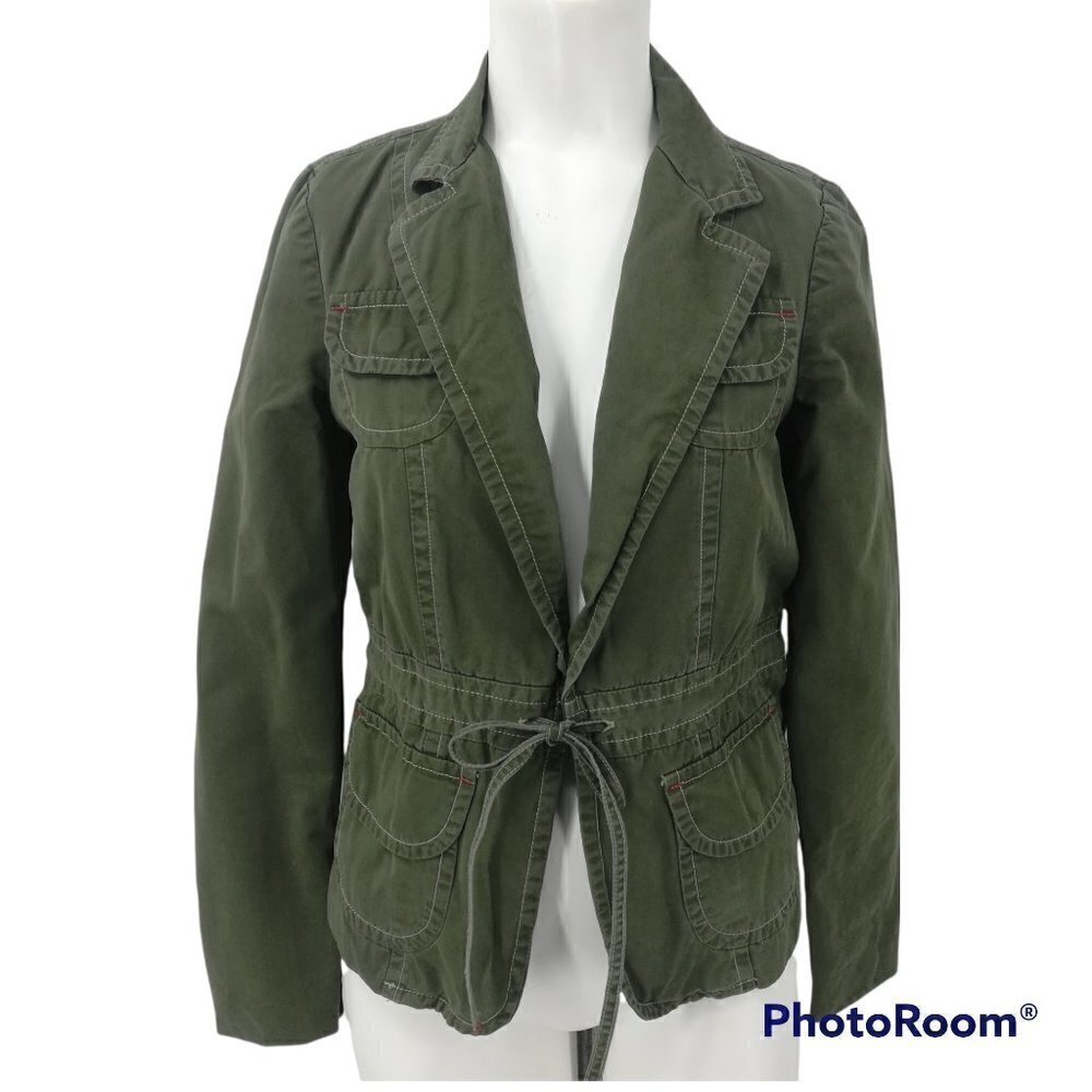 Lucky Brand Military Jacket Size XS Snap Pockets Button Drawstring Green Boho